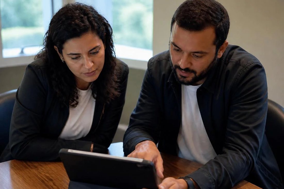 Duas participantes comparando anotações logo depois de uma rodada