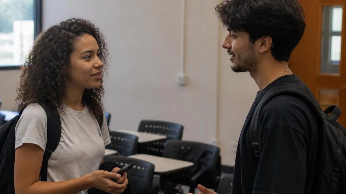 Grupo pequeno em volta da mesa de reunião, cada um com folhas impressas na mão
