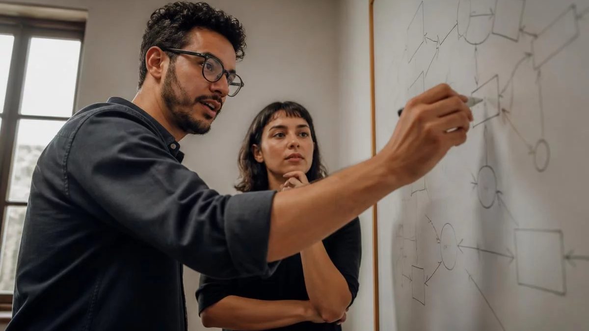 Duas participantes de pé diante do quadro branco, montando um argumento a caneta